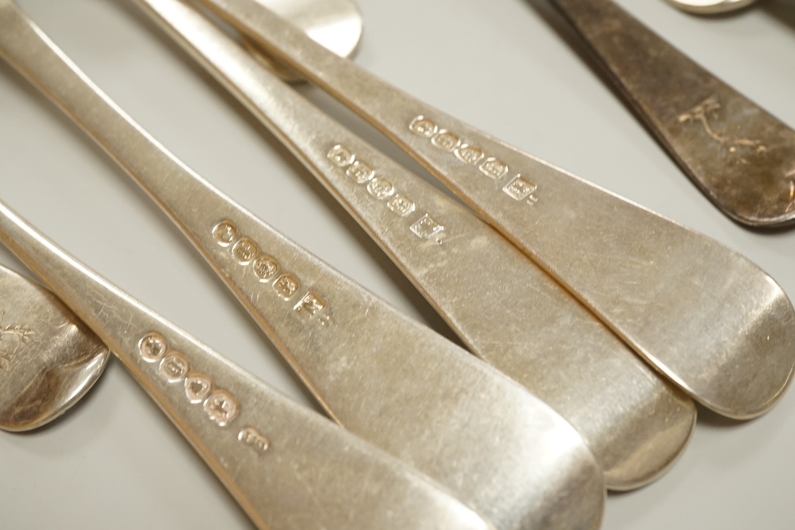A set of eight George IV silver Hanoverian pattern table forks by Eley & Fearn, London, 1821, three other similar table forks and a set of eleven Victorian silver Hanoverian pattern dessert forks, George Adams, London, 1